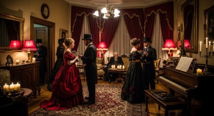 Naklejka premium A vintage Halloween party scene in a dimly lit room. Two women in elegant dresses, one in red and one in black, dance with two men in formal attire. Candles illuminate the space.