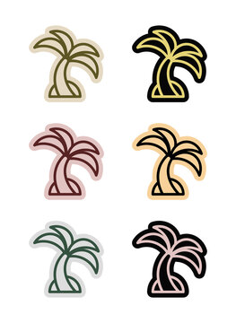 Minimal Tropical Palm Tree Sticker Set, Summer Beach Coconut Palm Outline Icons Collection, Modern Travel Vacation Nature Vector Illustration Bundle