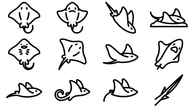 Stingray vector line art icons of cute manta rays and sea life