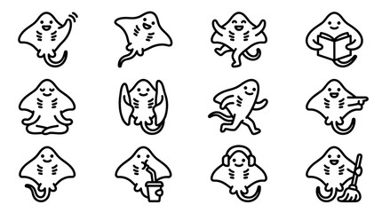 Fototapeta premium Stingray fish mascots set with various cute and fun character poses