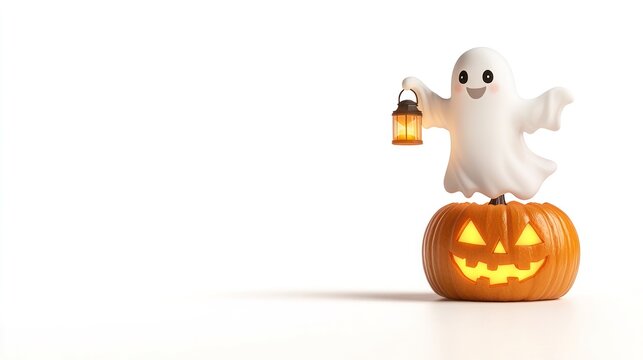 Happy Ghost Holding Lantern on Pumpkin