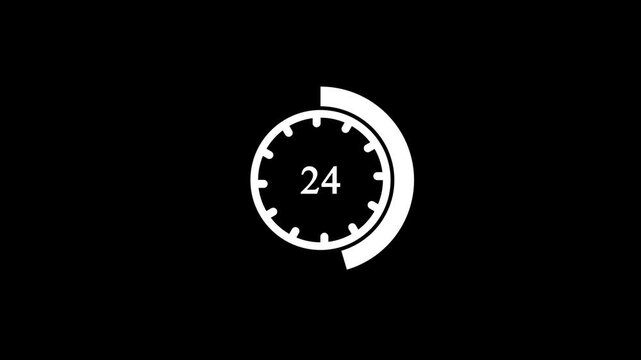24 hours timer clock icon animation with circular arrow on black background