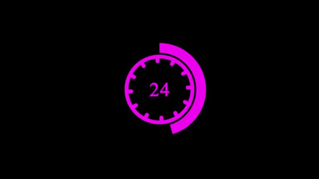 24 hours timer clock icon animation with circular arrow on black background