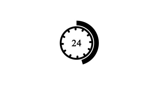 24 hours timer clock icon animation with circular arrow on white background