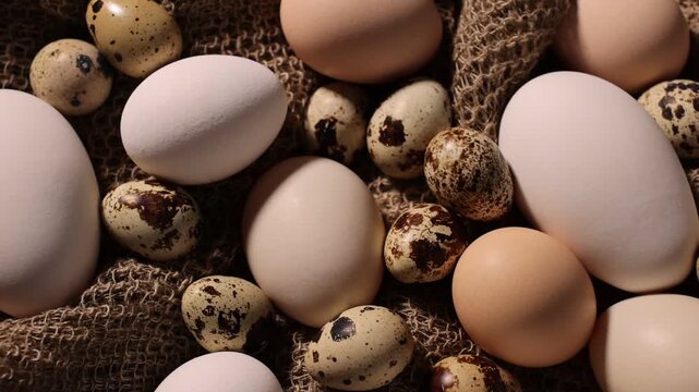 Many different raw eggs on burlap, closeup. Camera moving