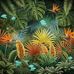 Lush tropical jungle foliage with glowing blue mushrooms © nia