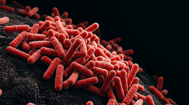 Microscopic 3D illustration of red rod-shaped bacteria colony on a dark organic surface