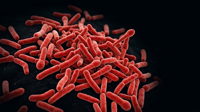 3D Microscopic Illustration of Red Rod-Shaped Bacilli Bacteria Cells Grouped Together as Pathogens
