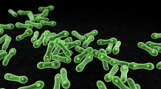 Microscopic 3D rendering of green rod-shaped pathogenic bacteria on a dark textured background