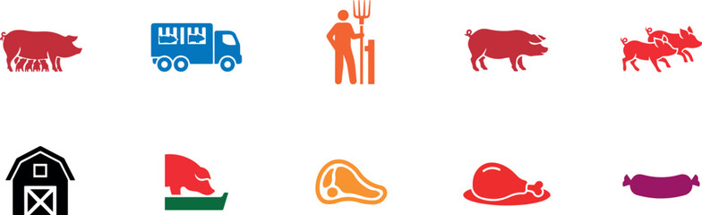 Black silhouette collection of pig farming lifecycle including sow with piglets, livestock transport, and pork production. Black icon silhouette vector © MDROBIUL