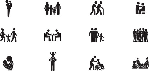 Obraz premium Collection of family and social group silhouettes featuring parents, children, and elderly care scenes square set. Black icon silhouette vector