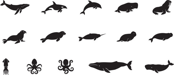 Collection of marine mammal and ocean animal silhouettes isolated. Black icon silhouette vector © MDROBIUL