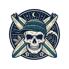 Fototapeta premium Skull Surfer Wearing Beanie with Crossed Surfboards Emblem