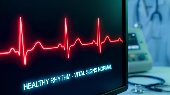 Medical monitor displaying healthy EKG heart rhythm and vitals.