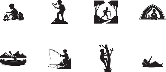 Obraz premium Set of black silhouettes featuring young children exploring nature, camping, and enjoying outdoor summer activities. Black icon silhouette vector