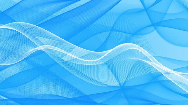 Layered blue mesh waves flow across a light cyan background as a fine white ribbon curves through the center, creating a clean abstract scene for 19, science, finance, health, and data themes.