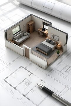 Architectural Miniature Apartment Design on Blueprint Paper