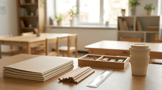 Educational supplies and coffee cup on classroom desk with classroom education supplies stationery notebook learning workspace academic institution planning training