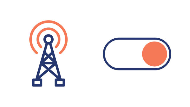 Navy blue wireless antenna tower with signal waves and an active toggle switch vector illustration
