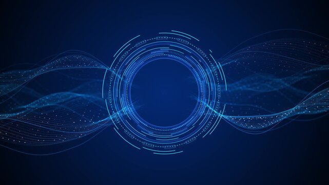 A bright cyan circular interface stands over flowing blue particle waves, combining segmented rings, fine markers, and a dark navy field for 19, data, science, intelligence, and digital media.