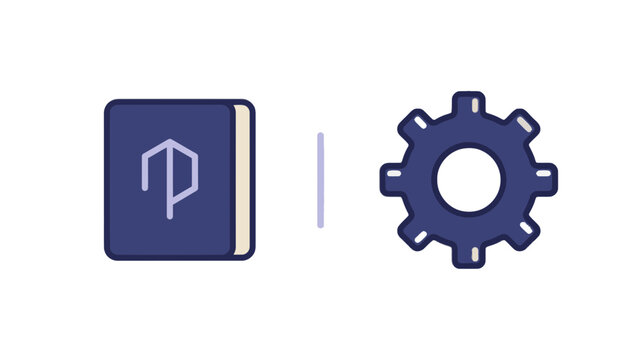 Flat vector illustration of a blue hardcover book and a mechanical gear representing technical knowledge