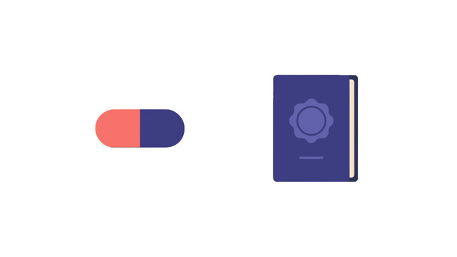 Minimalist vector graphic of a red and blue drug capsule and a purple official record book seal