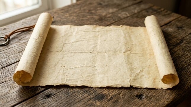 Ancient Scroll on Rustic Wooden Table.