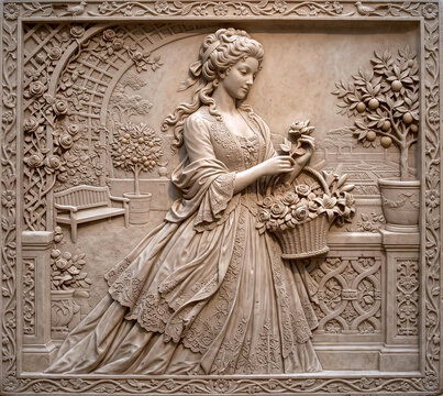 antique style refined bas-relief sculpture in stone of woman's in elegant clothes in garden with basket of flowers with decorative border