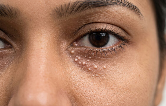 Macro close up of multiple milia keratin cysts and white bumps under eye of human face.