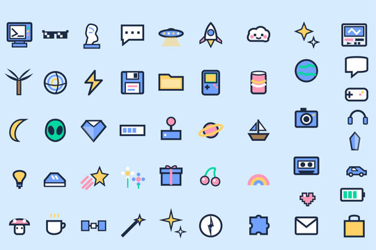 Retro 8 Bit Pixel Art Tech Icons Set with Network Symbols and Digital Elements