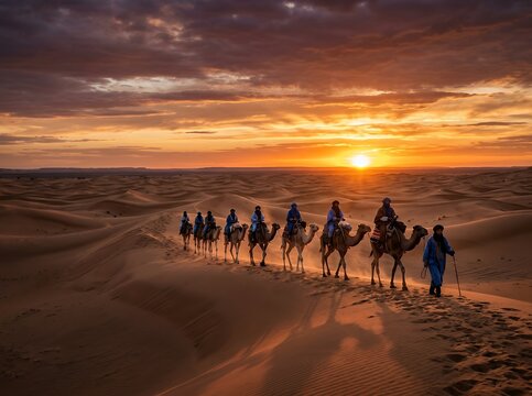 Caravan of camels walking across sand dunes at sunset in the desert.