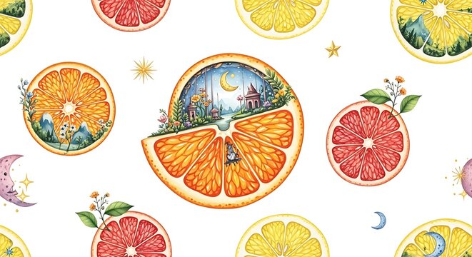 Creative seamless pattern with citrus slices and mini landscapes