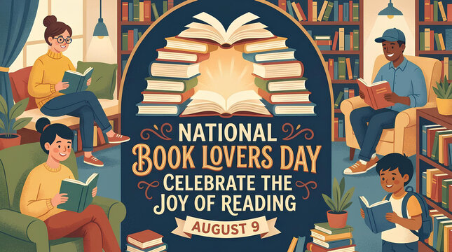 National Book Lovers Day illustration with people reading.