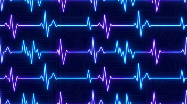 Neon heartbeat EKG line pattern on dark background.