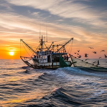 Traditional Fishing Boat Casting Net on Ocean at Golden Sunset