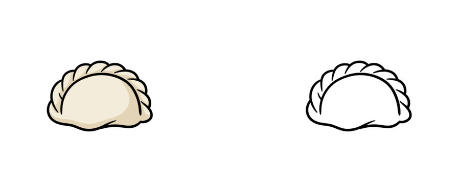 Traditional pelmeni dumpling vector illustrations in flat color and black line lineart styles featuring light beige dough and dark contours for food packaging and cooking apps