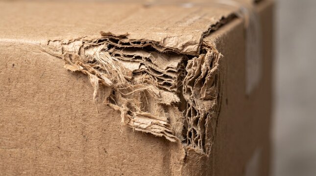 Extreme macro view of a damaged package corner torn cardboard revealing crushed inner layers in neutral studio lighting for delivery insurance claim concept