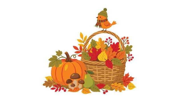 Cute autumn basket vector illustration with colorful fall foliage pumpkin mushrooms pear and bird wearing beanie scarf isolated on white background