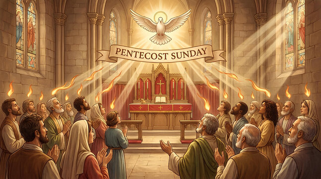 Pentecost Sunday illustration with Holy Spirit dove and fire.