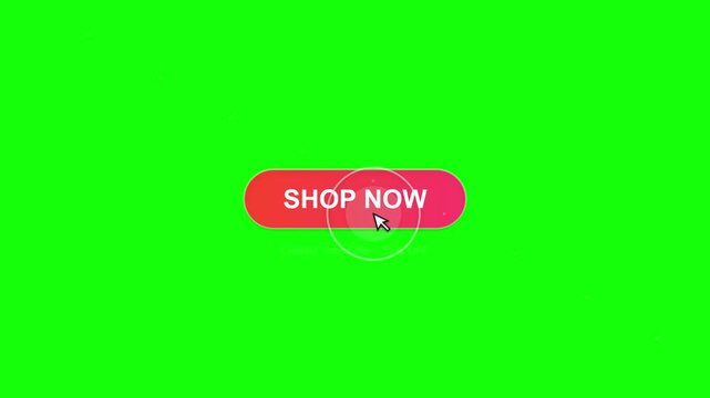Shop Now button animation on green screen, red gradient call to action button with mouse cursor click, ecommerce marketing interface element