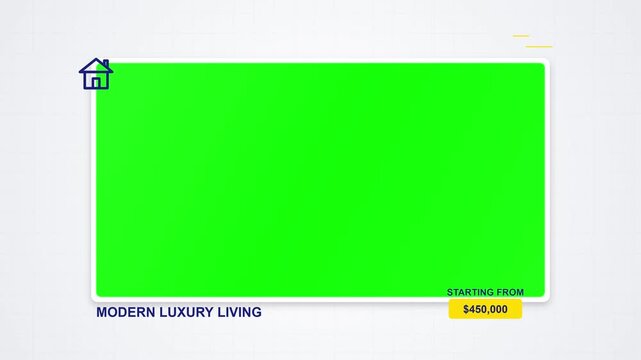 Modern luxury living real estate video frame, green screen placeholder for property showcase, house listing template with price tag