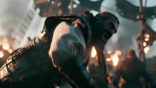 Europe medieval lifestyle. A dramatic, actionpacked scene depicts a menacing orc warrior in the foreground. He wields a long, curved sword with a sharp blade.
