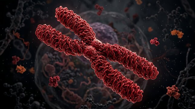 Detailed 3D Illustration of a Red Human Chromosome Structure Representing Genetic DNA and Heredity