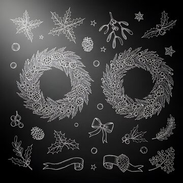 Chalk style christmas wreaths and winter botanical illustrations
