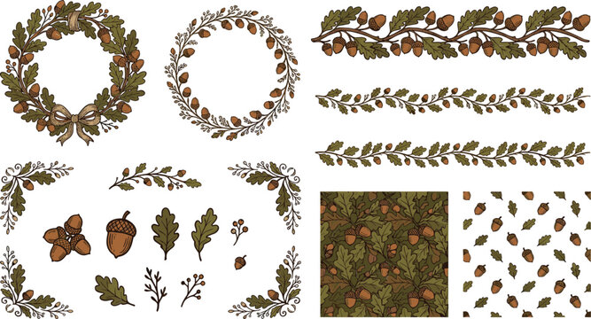 Oak Leaf and Acorn Autumn Vector Set with Wreaths, Seamless Patterns, Borders, and Floral Corner Elements for Thanksgiving Greeting Card Designs