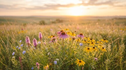 Obraz premium Wildflowers bloom in a sunlit meadow at sunrise.