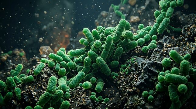 Microscopic 3D Rendering of Green Rod-Shaped Bacteria Colony Growing on Organic Surface Backdrop