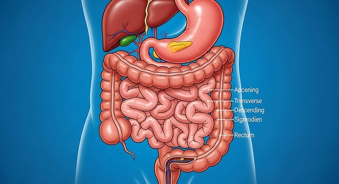 Detailed Human Digestive System Anatomy Displayed on Blue Medical Background