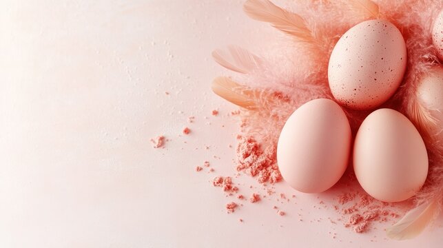Pastel Eggs and Feathers: Three delicate pastel eggs, speckled lightly, rest amidst a scattering of soft pink feathers and powder on a clean, bright surface.