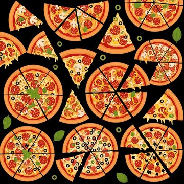 Sliced pepperoni pizza slices pattern on black background